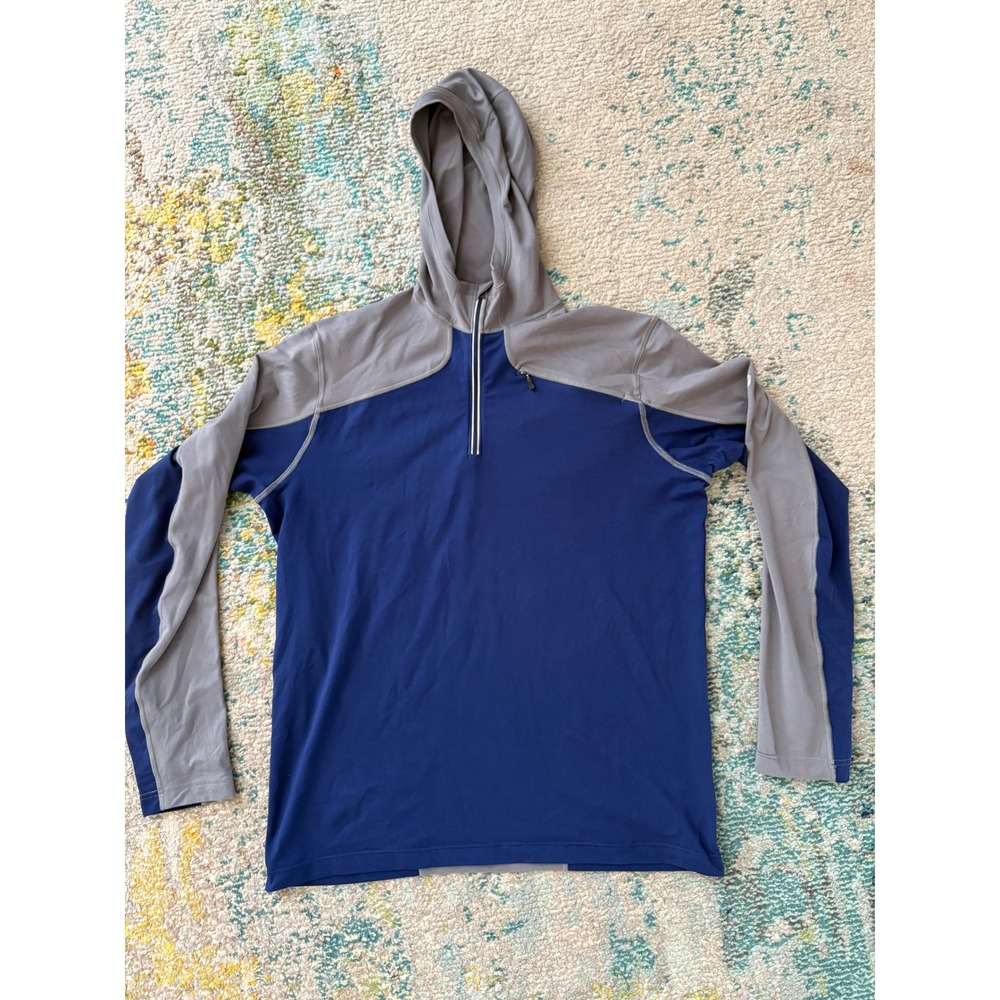 Mountain Hardwear Mens L Hooded Quarter Zip Pullover Blue Grey Hiking Top